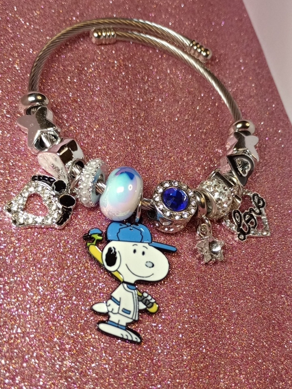 Silver Charm Bracelet with Blue Snoopy Pendant